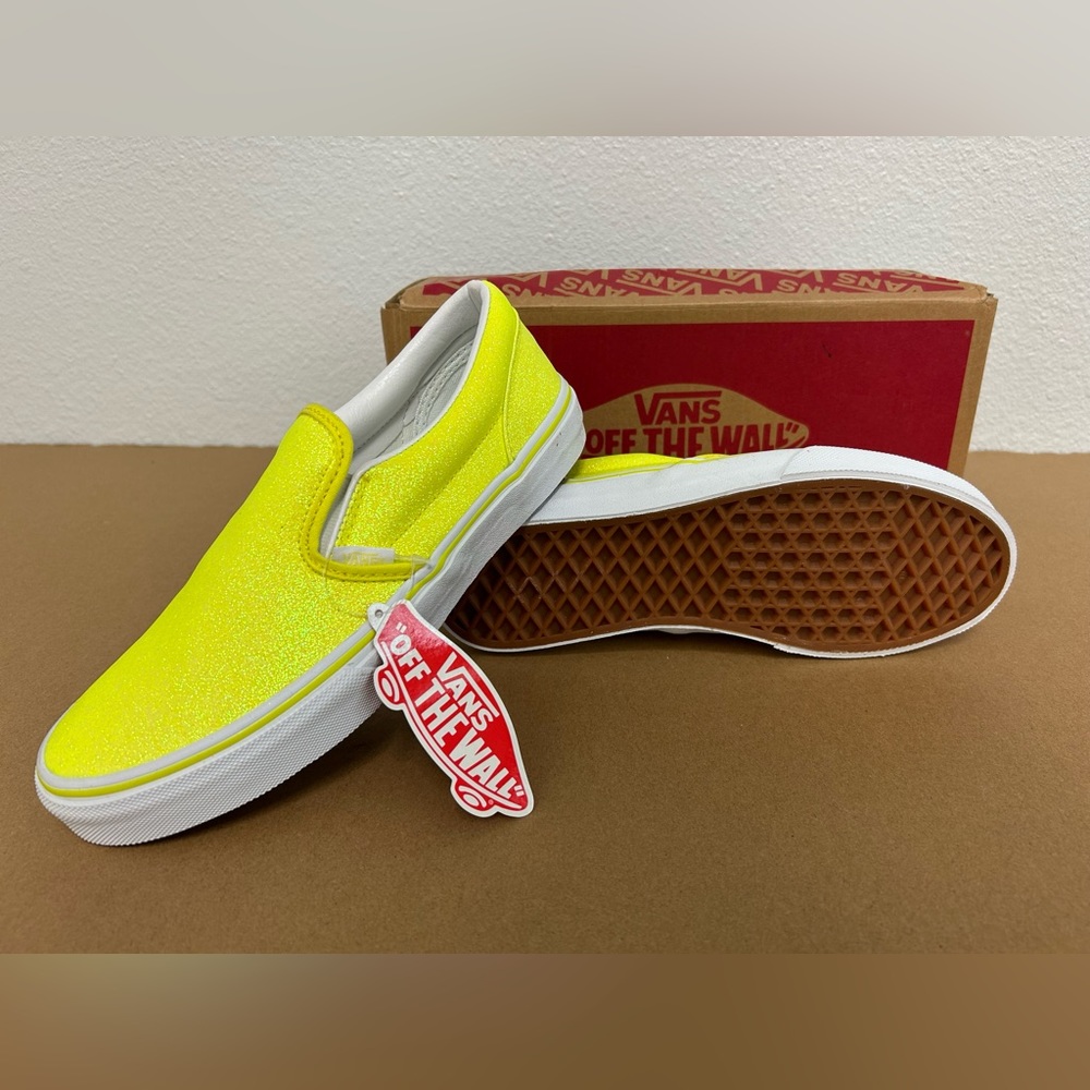 Vans Yellow Neon Glitter Classic Slip On Sneakers Big Kids' Size 5.5 Womens 7